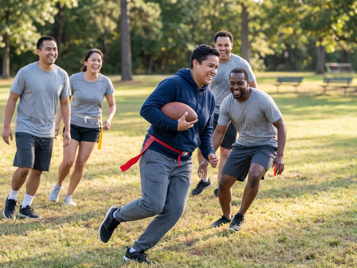 Friends playing flag football on a grass field, a runner carrying a brown football with a red flag belt at the waist