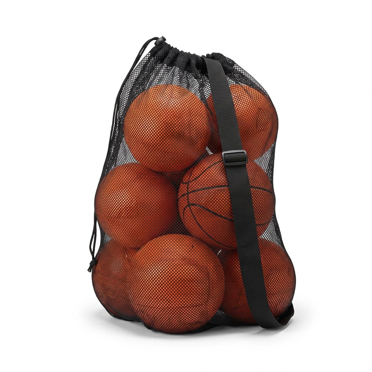 A black mesh drawstring bag with a shoulder strap, standing upright and filled with orange basketballs
