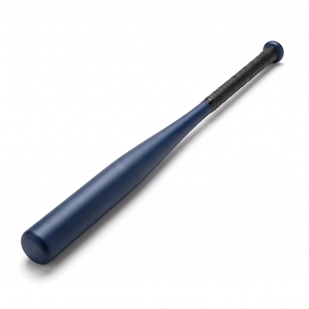 A matte navy blue aluminum baseball bat with a black wrapped grip