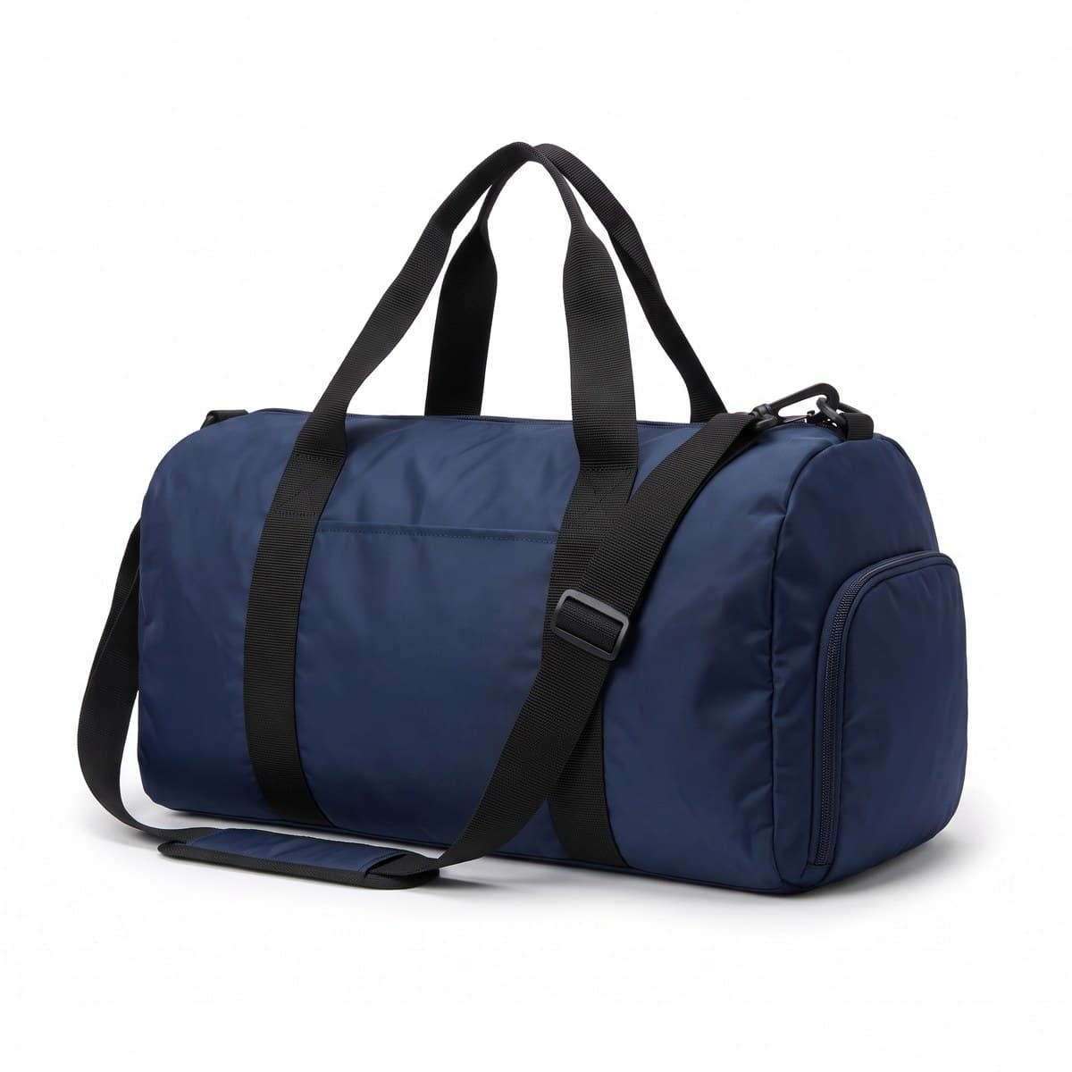 A navy blue duffel bag with black carry straps, a shoulder strap and a zipped end pocket