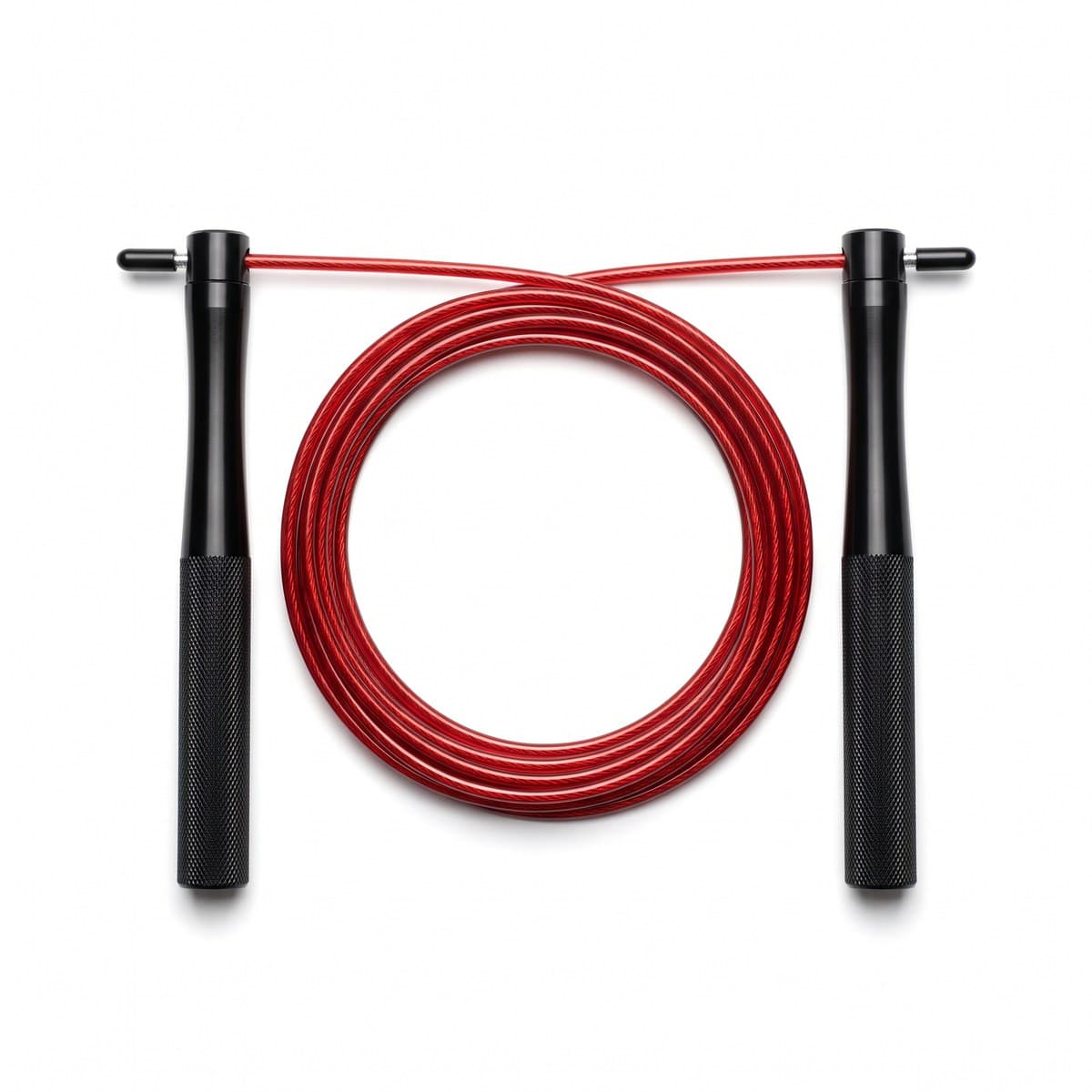 A jump rope with black aluminum handles and a thin red cable, coiled