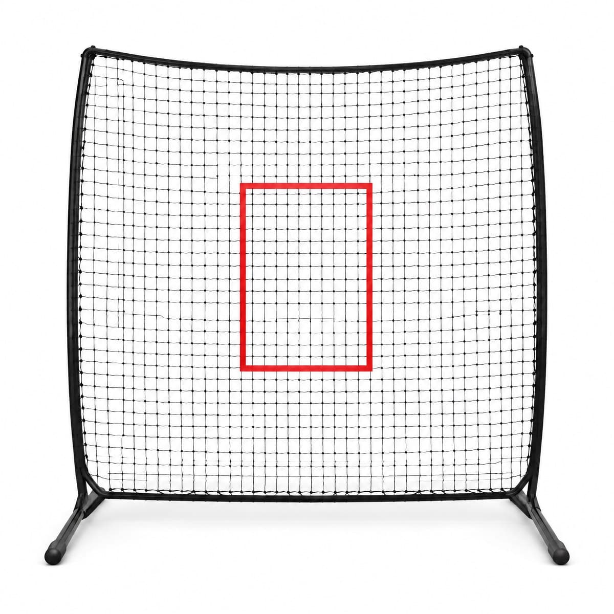 A square black practice net on a black bow-style frame with a red strike-zone rectangle in the middle