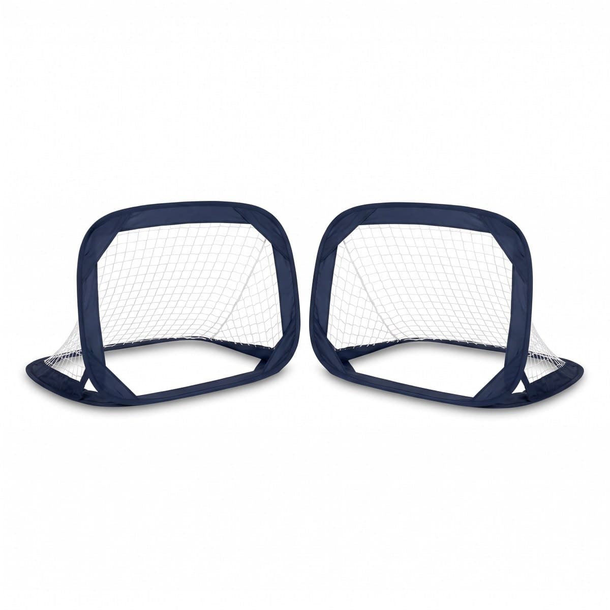 Two small pop-up soccer goals with navy blue frames and white nets, side by side