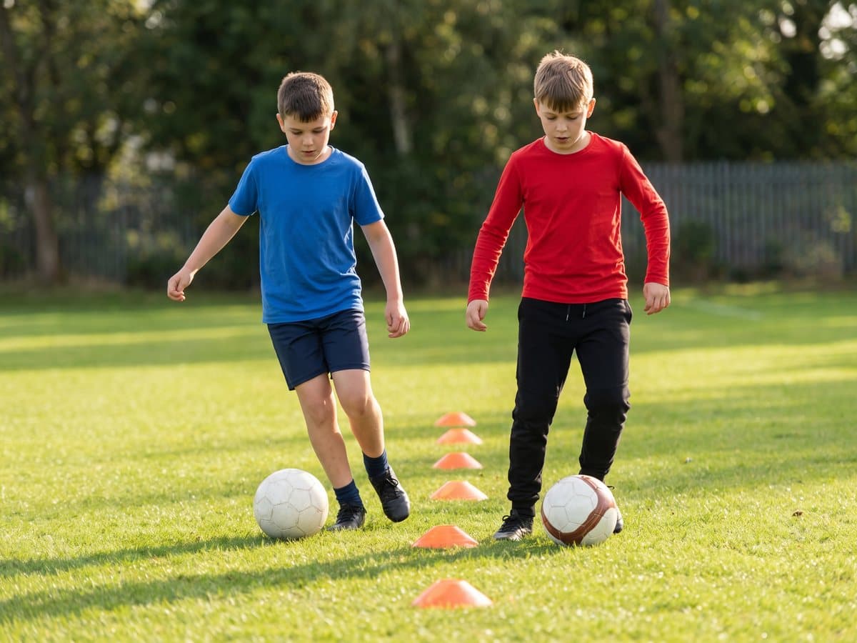 Two kids dribbling soccer balls around orange disc cones at a youth practice on a green field